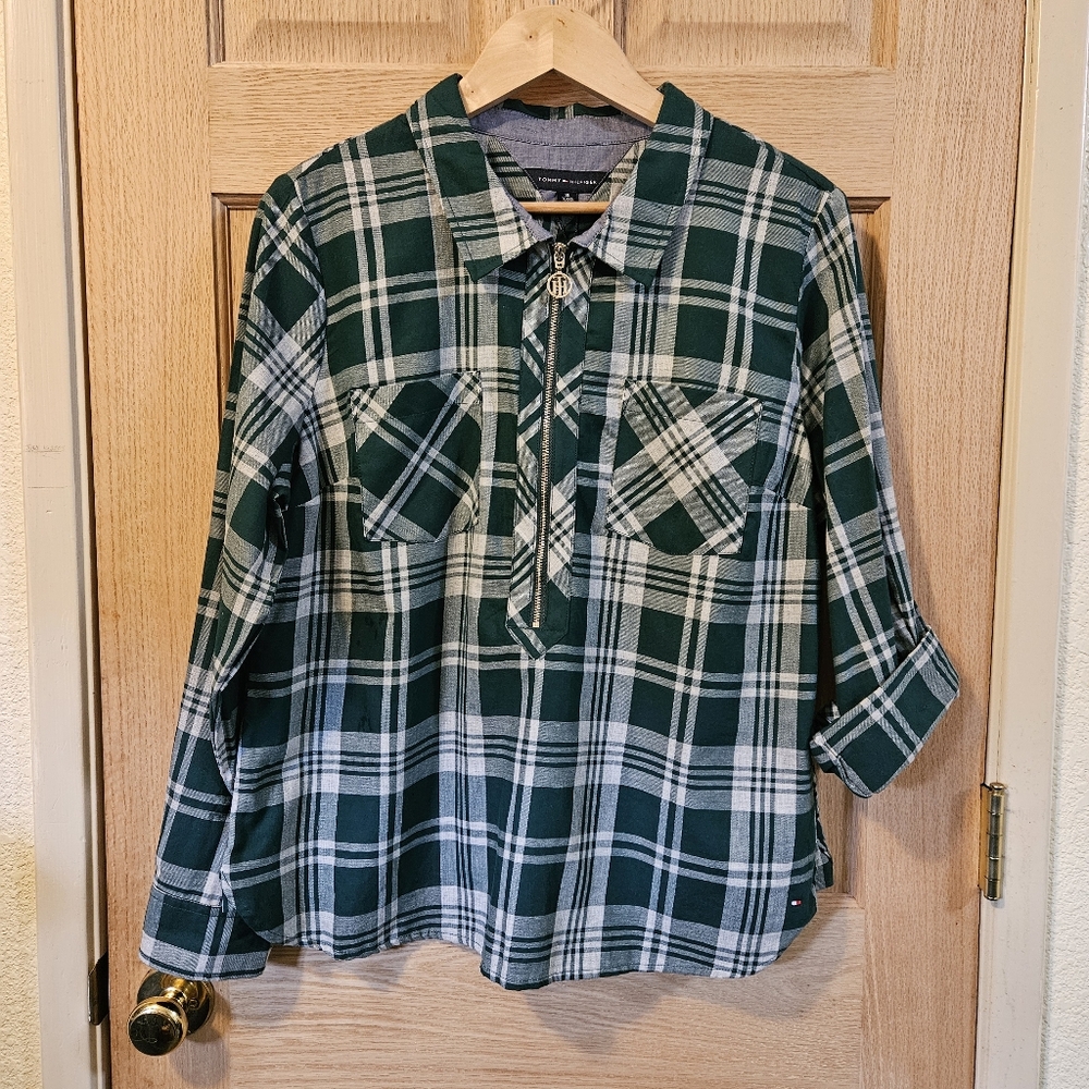NWT XL Tommy Hilfiger Green Plaid Half Zip  Shirt